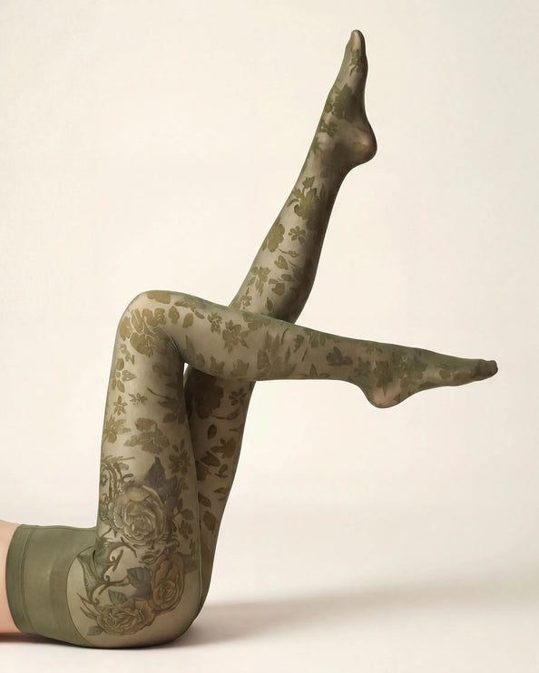 Floral Patterned Tights - Khaki