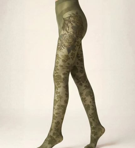 Floral Patterned Tights - Khaki