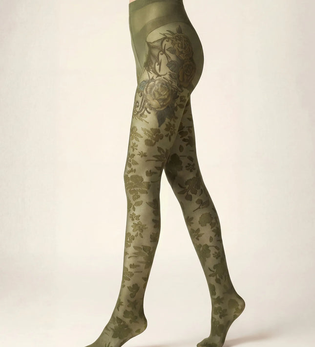 Floral Patterned Tights - Khaki