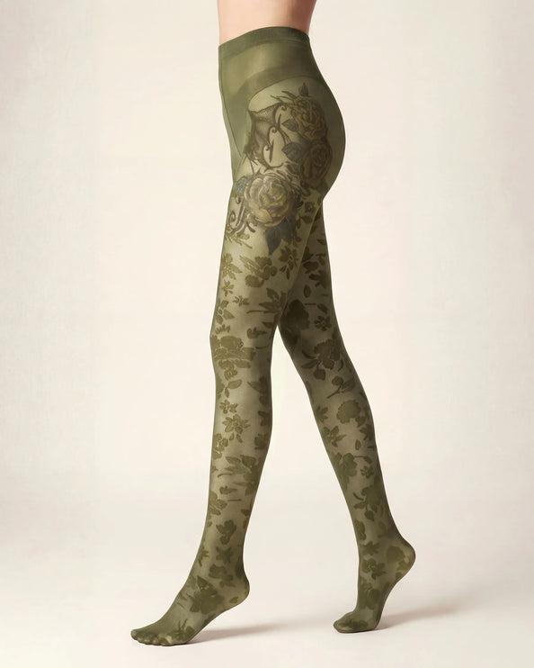 Floral Patterned Tights - Khaki