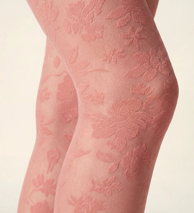 Floral Patterned Tights - Coral Pink
