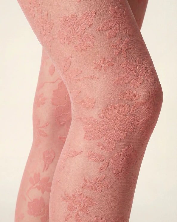Floral Patterned Tights - Coral Pink