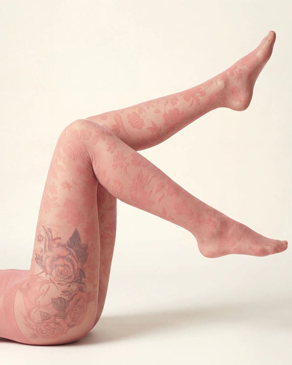 Floral Patterned Tights - Coral Pink