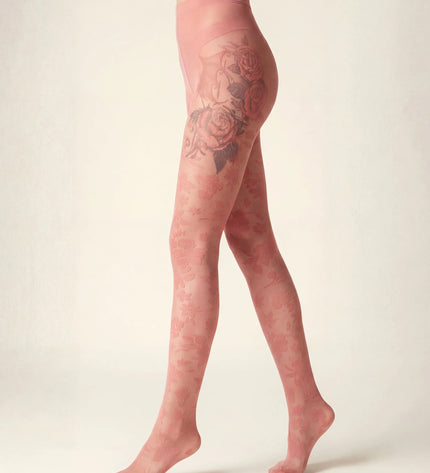 Floral Patterned Tights - Coral Pink