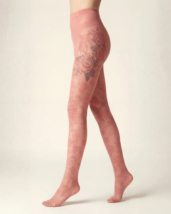 Floral Patterned Tights - Coral Pink