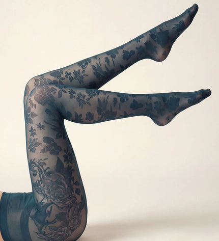 Floral Patterned Tights - Teal