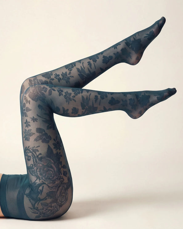 Floral Patterned Tights - Teal