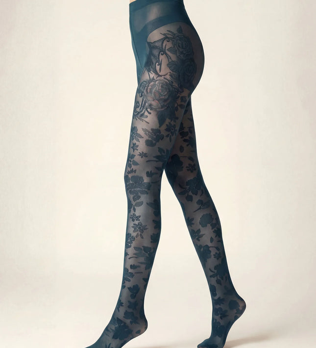 Floral Patterned Tights - Teal