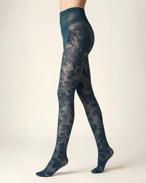 Floral Patterned Tights - Teal