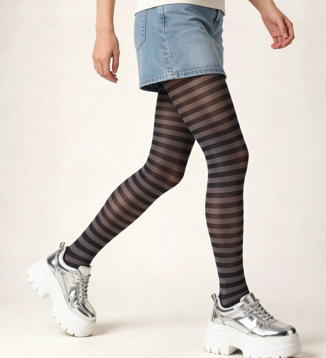 Striped Tights - Charcoal Grey