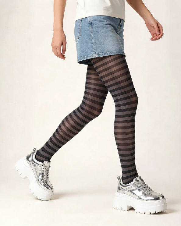 Striped Tights - Charcoal Grey